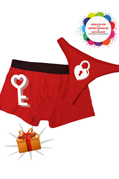 TexKid Hediye Kutulu Anahtar ve Kilit Tasarımlı Kadın Külot ve Erkek Boxer İkili Set