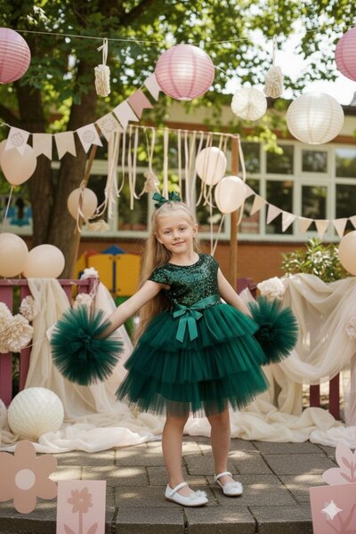 ABİYEKİDS Spectacol verde pentru petrecerea de aniversare - Rochie de absolvire cu pompoane, cataramă și paiete cu paiete ABY160