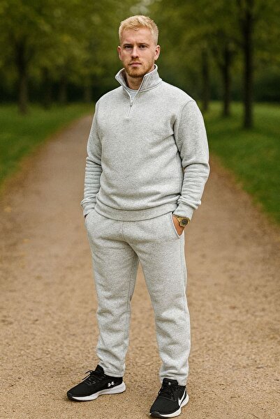 Sobe Hediyelik 3 Threaded Ribbed Gray Men's Tracksuit Set Bottom Top Set