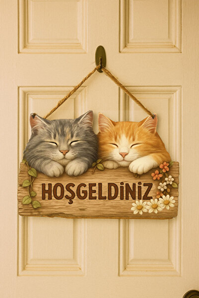 MODERN TASARI Kapı Süsü Ahşap "WELCOME" Yazılı Retro - Sevimli Kediler