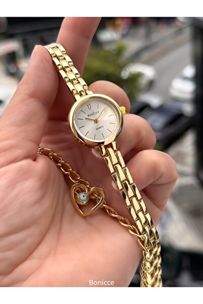 Bonicce Marka Retro Model, Minimal Oval Kasa, Gold Renk Kordon,Vintage Kadın Kolsaati Bileklik