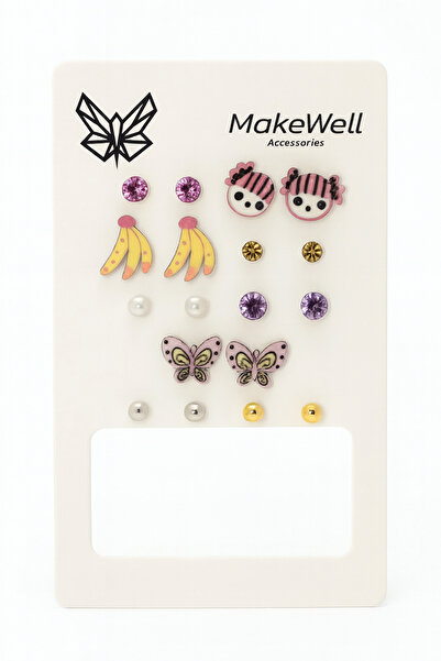 MakeWell مجموعة من 9 أقراط على شكل فراشة بيبي بتصميم الموز مع أقراط على شكل كرة وأقراط سوليتير ملونة