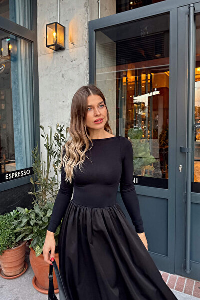 Sue Store Siyah Çan Model Poplin Elbise