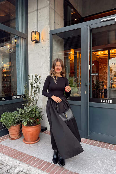 Sue Store Siyah Çan Model Poplin Elbise