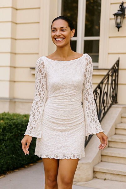 Vera Tekstil Kadın , Beyaz , uzun kollu, drapeli dantel mini elbise