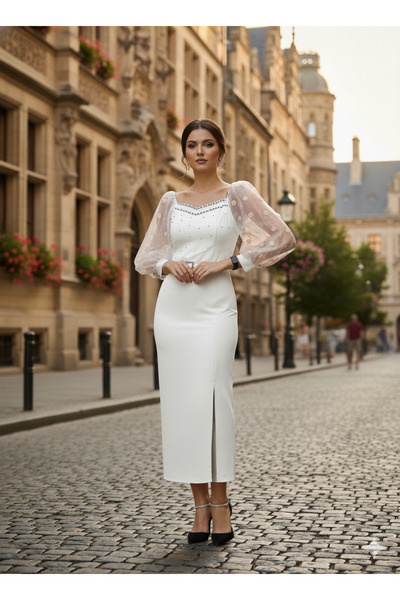 PELTEX Beyaz Organze Balon Kollu Boncuk Detaylı Uzun Boy Abiye Isteme Söz Nikah Nişan Kalem Elbise