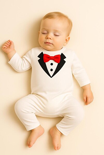 nevrankids Organic Cotton Bow Tie Double Breasted Printed Elite Jumpsuit - Ecru