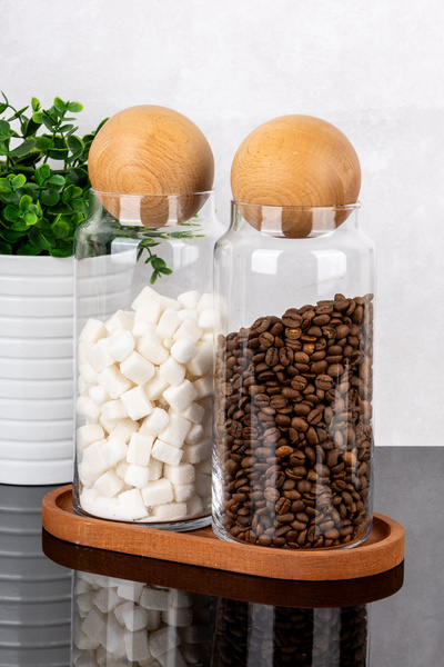 dnshome 2 Adet Cam Kavanoz Seti Ahşap Stantlı Ahşap Top Kapaklı Saklama Kabı ...