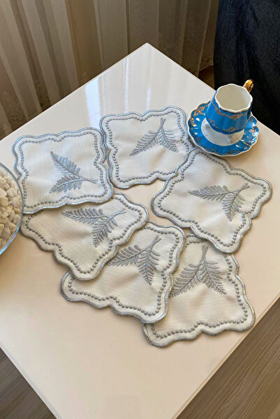 NAKIŞHAN Leaf Pattern Special Embroidered Linen Coffee Presentation Napkin-Silver 6-Pieces
