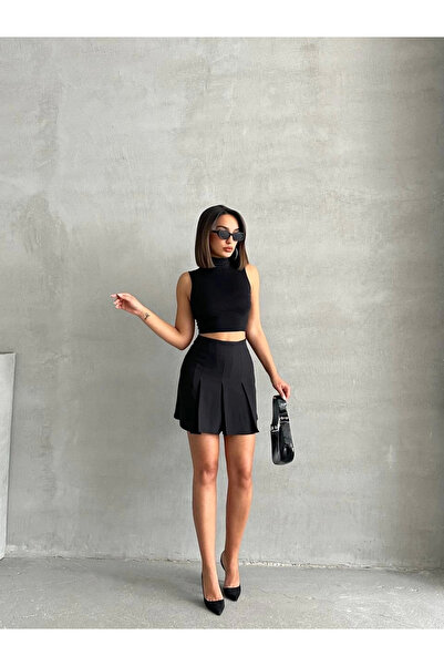 Zerenyus Striped Pleated Mini Skirt Black