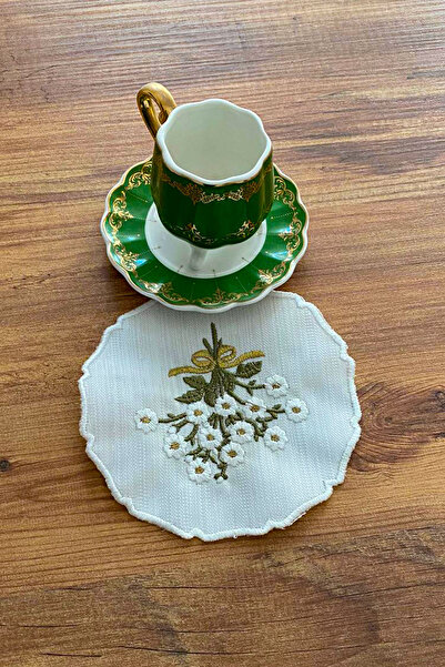 NAKIŞHAN Papatya Buket Özel Nakışlı Keten Kahve Sunumluk Peçetesi-Yeşil/Gold 6-Adet