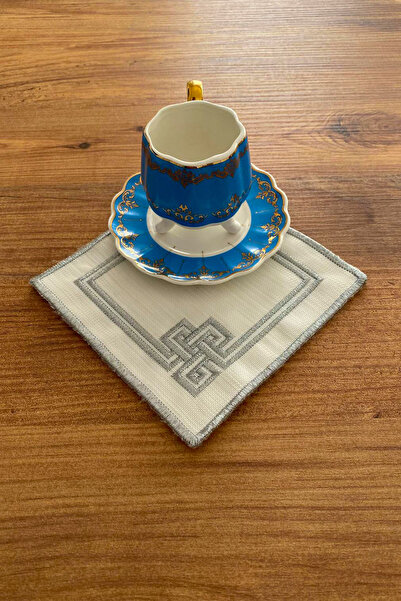 NAKIŞHAN Pearl Special Embroidered Linen Coffee Presentation Napkin-Silver 6-Pieces