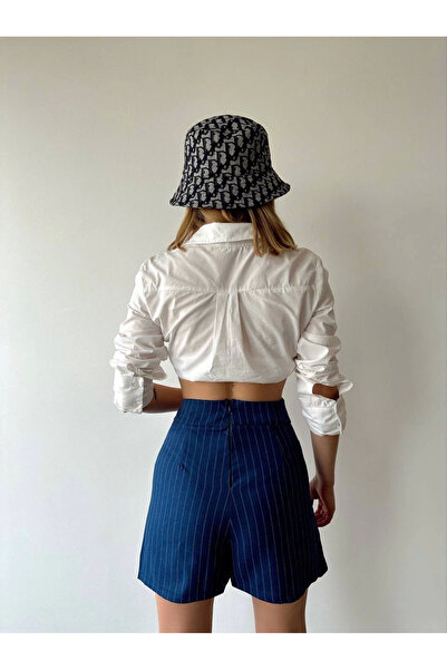 Zerenyus Chain Detailed Striped Shorts Skirt Navy