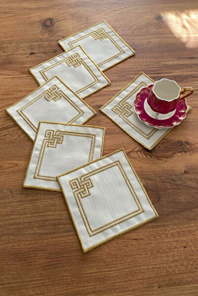 NAKIŞHAN Pearl Special Embroidered Linen Coffee Presentation Napkin-Gold 6-Pieces