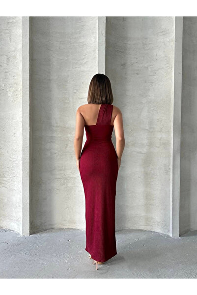 Zerenyus Crinkle One Shoulder Long Dress Burgundy