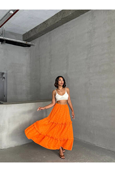 Zerenyus Ruffle Brode Lining Long Skirt Orange