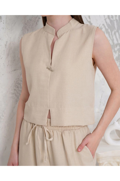Zerenyus Brooch Vest Trousers 2 Piece Set Beige