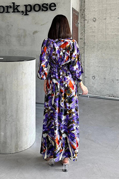 Zerenyus Woven Printed Bat Sleeve Dress Purple