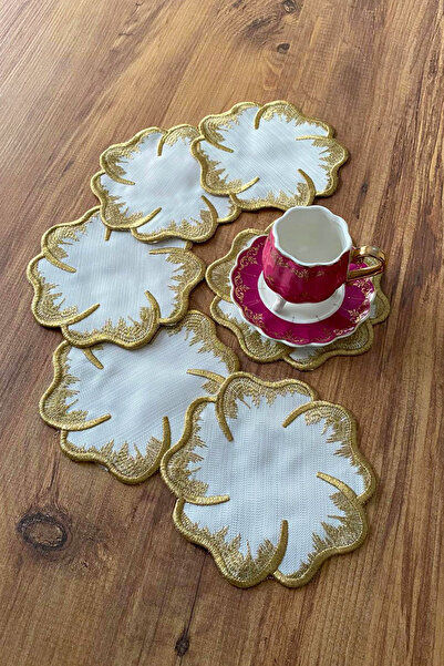 NAKIŞHAN Sarmaşık Special Embroidered Linen Coffee Presentation Napkin-Gold 6-Piece