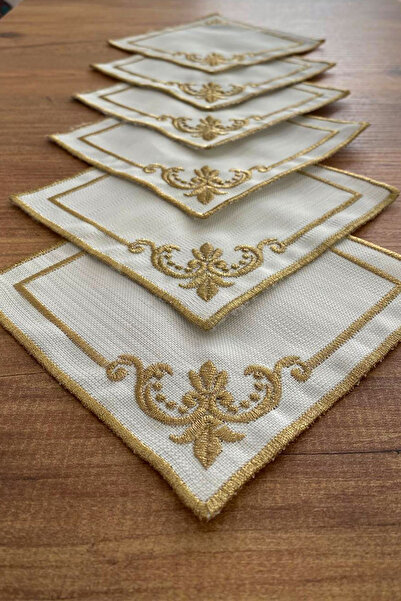 NAKIŞHAN Special Embroidered Linen Coffee Serving Napkin with Tulips - Gold 6-Piece