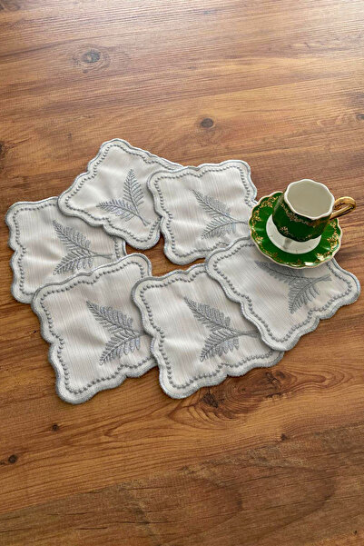 NAKIŞHAN Leaf Pattern Special Embroidered Linen Coffee Presentation Napkin-Silver 6-Pieces