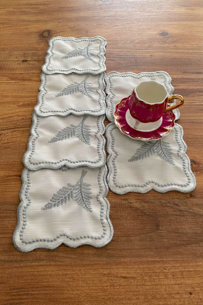 NAKIŞHAN Leaf Pattern Special Embroidered Linen Coffee Presentation Napkin-Silver 6-Pieces