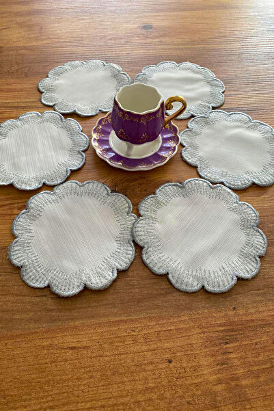 NAKIŞHAN Sunflower Special Embroidered Linen Coffee Serving Napkin-Silver 6-Piece