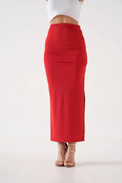 Zerenyus Fusta din țesătură subțire cu fantă lungă roșie