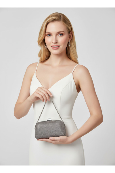 Biçanta Geantă de seară pentru femei, cu detaliu de perle de culoare platină,...