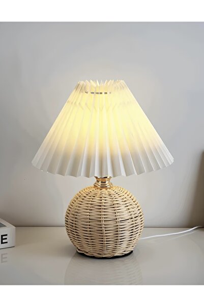 burenze Modern Abajur Premium Krem Kumaş Umbrella Abajur Rattan Hasır Bambu Gövde Masa Lambası