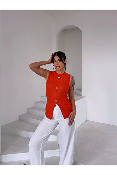 Zerenyus Women's Orange Crew Neck Gold Buttoned Ottoman Blouse