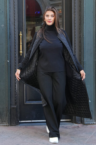 NURVELA Tam Boy Kapitone Mont – Süet Kollu Şık Kadın Mont