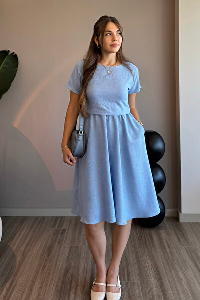 Aventien Rochie Midi Albastră cu buzunare cu aspect de echipă