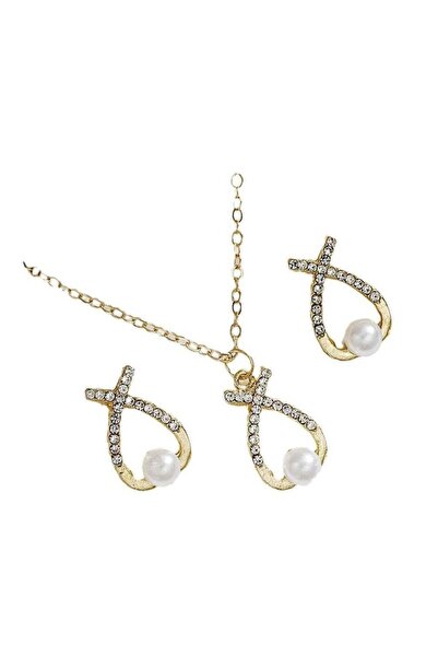 huitich طقم أنيق من قلادة وأقراط من سبائك الذهب اللون مع كريستالات ولآلئ