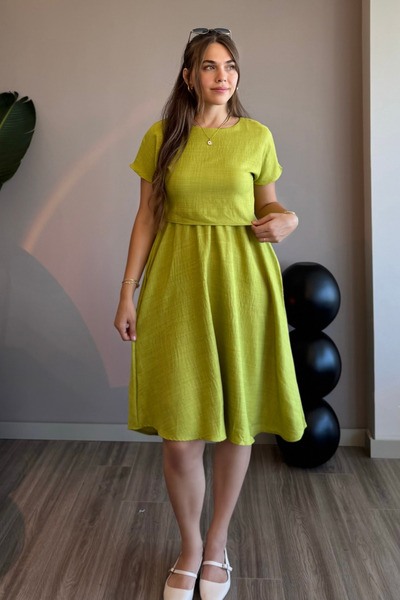 Aventien Takım Görünümlü Cepli Yeşil Midi Elbise