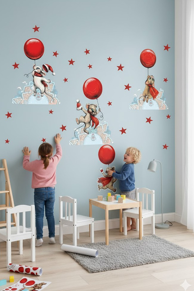KT Decor Rabbits And Snowflakes With Red Balloons Pastel Color Wall Sticker Set