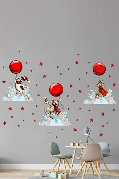 KT Decor Rabbits And Snowflakes With Red Balloons Pastel Color Wall Sticker Set