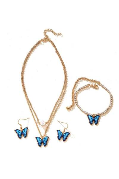 huitich طقم مجوهرات الفراشة الزرقاء - قلادة، سوار، وأقراط ثلاثية