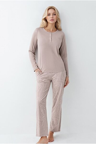 Pierre Cardin Kadın Giyim Modal & Pamuk Düğme Detaylı Uzun Kol 2'li Pijama Takımı OL.PC.9086.001