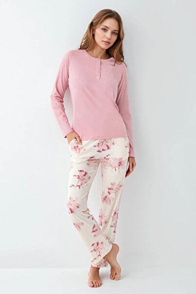 Pierre Cardin Kadın Giyim Düğme Detaylı Modal & Pamuk Uzun Kol 2'li Pembe Pijama Takımı L1.PC.9055.001