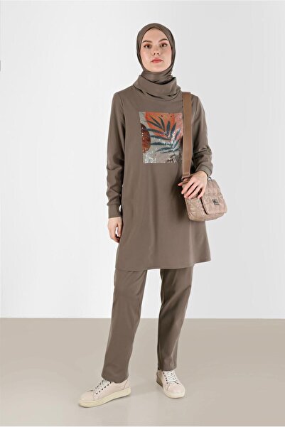 Alvina Sequined Detailed Patterned Asymmetrical Neck Two-Piece Pants Set 42369