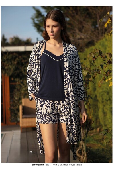 Pierre Cardin Kadın Giyim Askılı & Şort & Sabahlık 3 Parça Kutulu Lacivert & Ekru Pijama Takımı L1.PC.004.102.K12