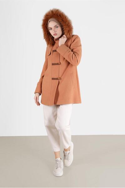 Alvina KAPÜŞONU KÜRK DETAYLI CEPLİ KABAN 90241