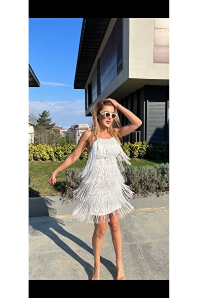 NİSANURTEKSTİL Beyaz Püsküllü Elbisesi Party Elbisesi