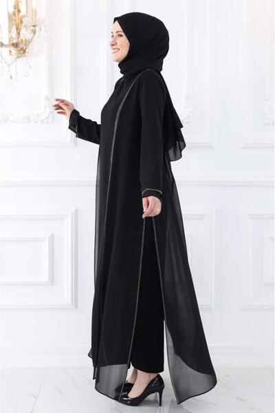 TRENDTESETTÜR KADIN SİYAH TAŞ DETAYLI ABİYE ELBİSE T 0921