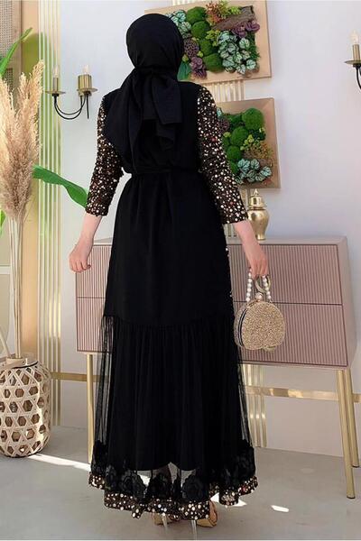 TRENDTESETTÜR KADIN SİYAH (SİYAH-GOLD) PUL PAYETLİ ABAYA T 6737