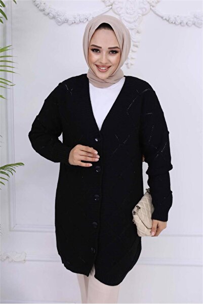 TRENDTESETTÜR Women's Black Baklava Patterned Cardigan t 904