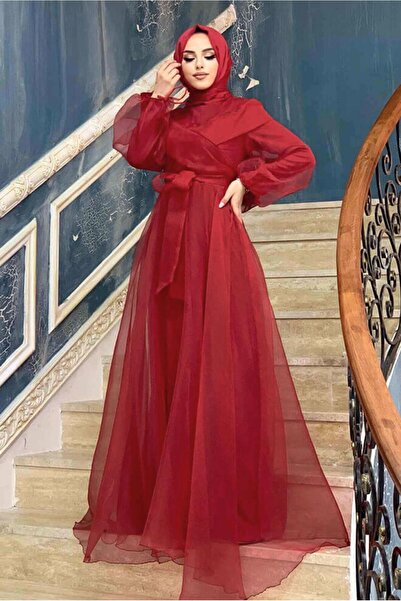 TRENDTESETTÜR KADIN KIRMIZI KUŞAKLI TÜLLÜ ABİYE ELBİSE T 4693