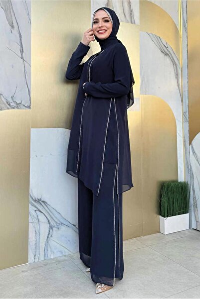 TRENDTESETTÜR navy Blue SToned Women's Trousers SeT - T 7848