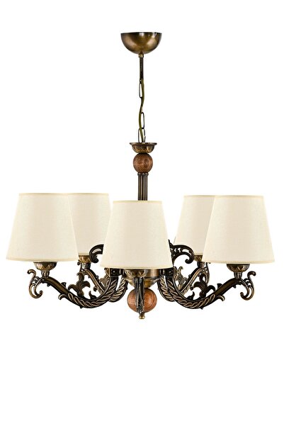 DEDE BEŞ KOLLU AHŞAPLI ESKİTME ELBE DÖKÜM ZAMAK AVİZE KREM ŞAPKALI